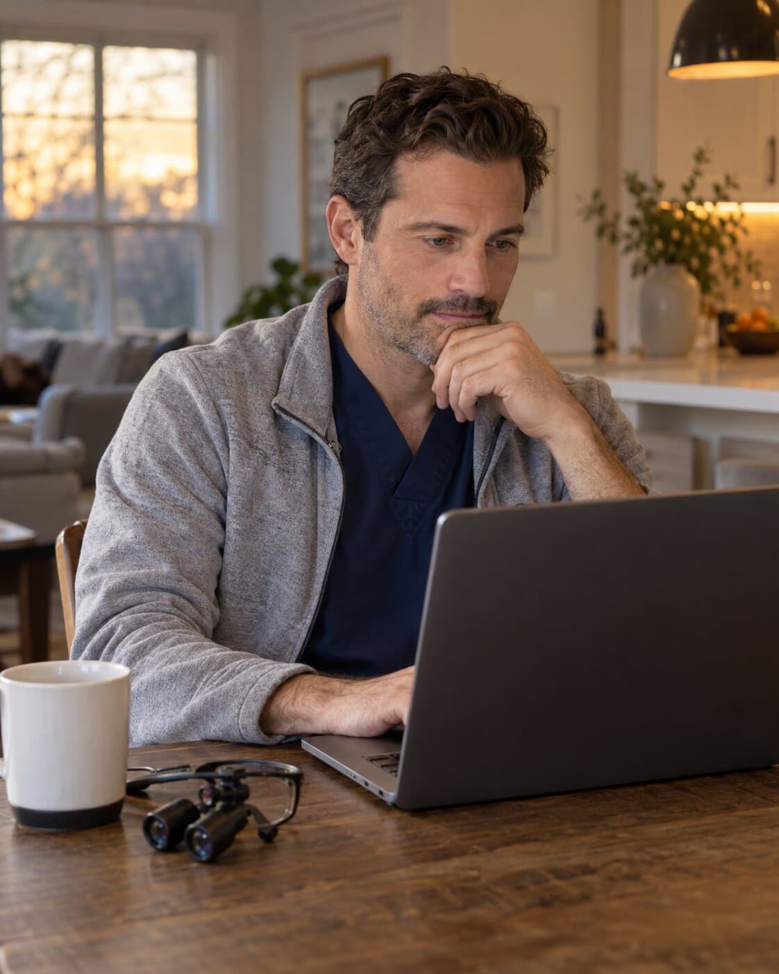 An oral surgeon at home after a clinic day, reading about the network on a laptop
