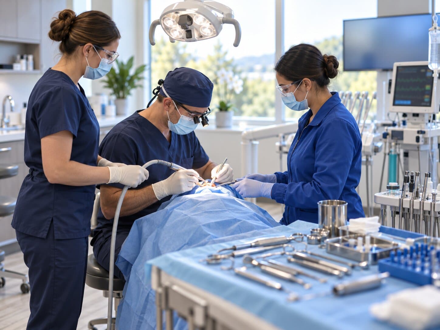 An oral surgeon and a trained mobile team at work in a dental operatory