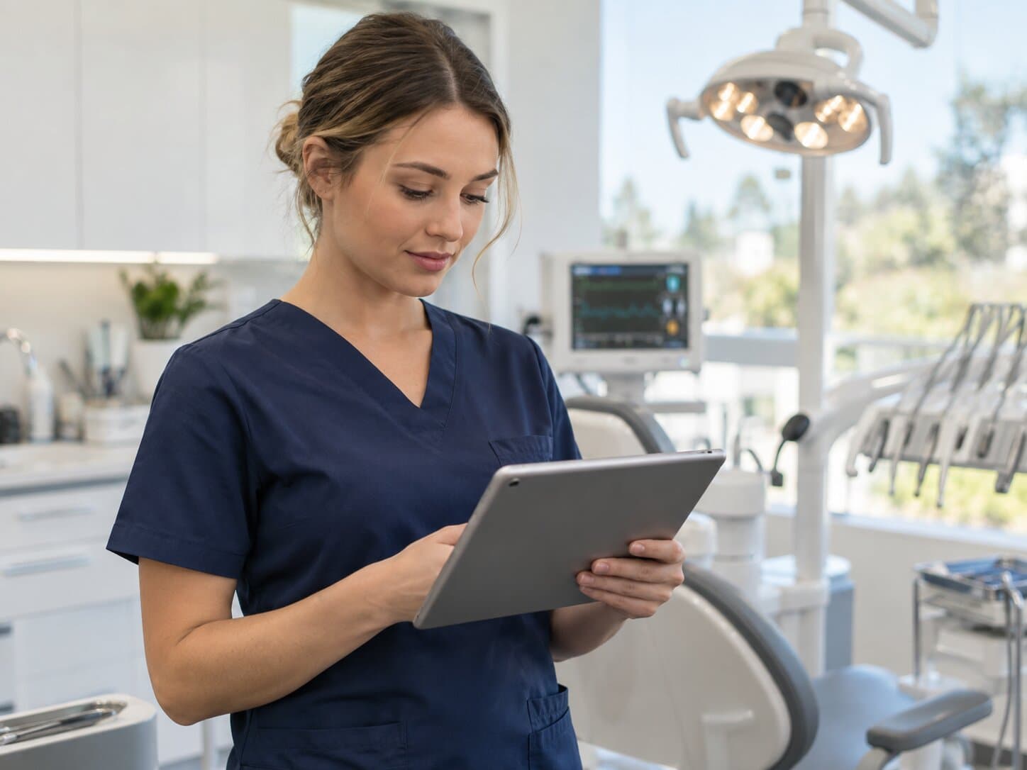A surgical assistant charting an anesthesia record on an iPad in a dental operatory